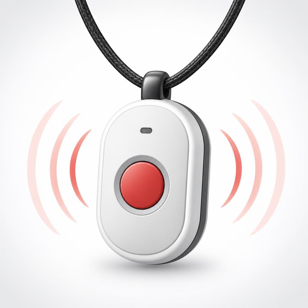A medical alert pendant with an SOS button and signal waves